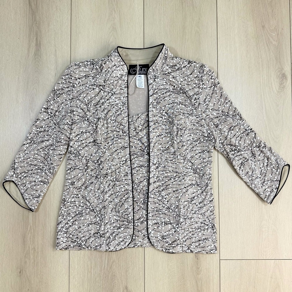 Vintage Y2K Alex Evenings 2 Piece Jacket Tank Set Beige Black Sparkle‎ M USA